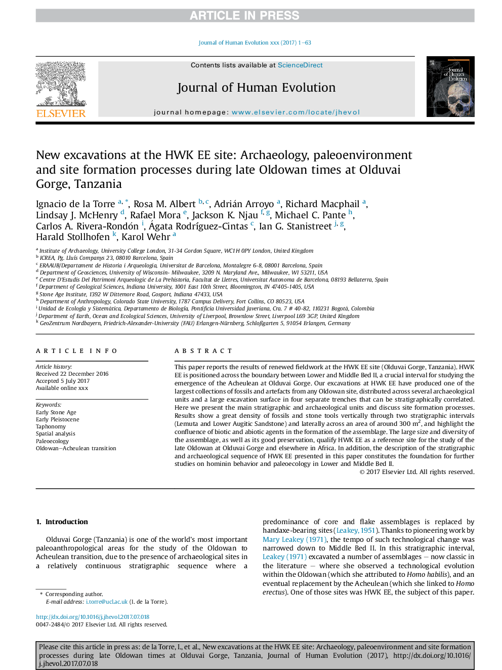 New excavations at the HWK EE site: Archaeology, paleoenvironment and site formation processes during late Oldowan times at Olduvai Gorge, Tanzania