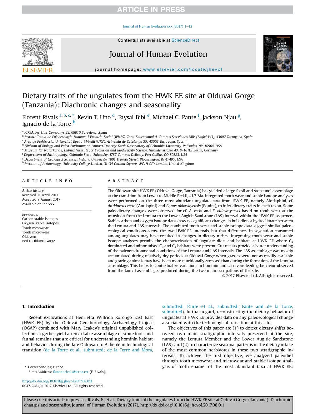 Dietary traits of the ungulates from the HWK EE site at Olduvai Gorge (Tanzania): Diachronic changes and seasonality