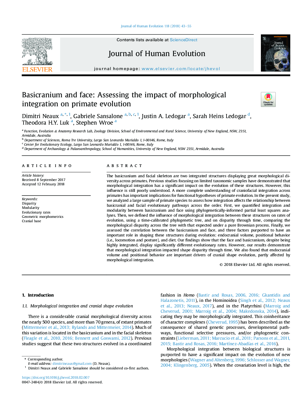 Basicranium and face: Assessing the impact of morphological integration on primate evolution