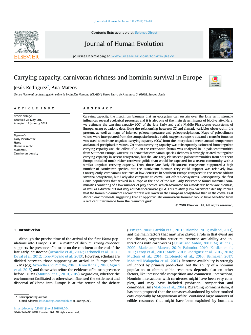 Carrying capacity, carnivoran richness and hominin survival in Europe