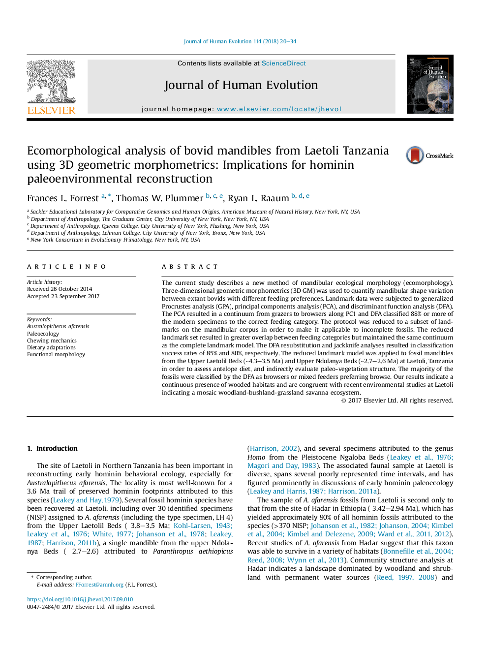 Ecomorphological analysis of bovid mandibles from Laetoli Tanzania using 3D geometric morphometrics: Implications for hominin paleoenvironmental reconstruction