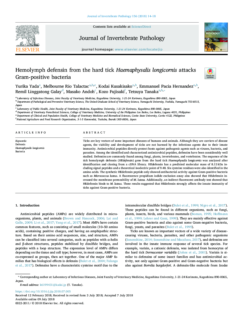 Hemolymph defensin from the hard tick Haemaphysalis longicornis attacks Gram-positive bacteria