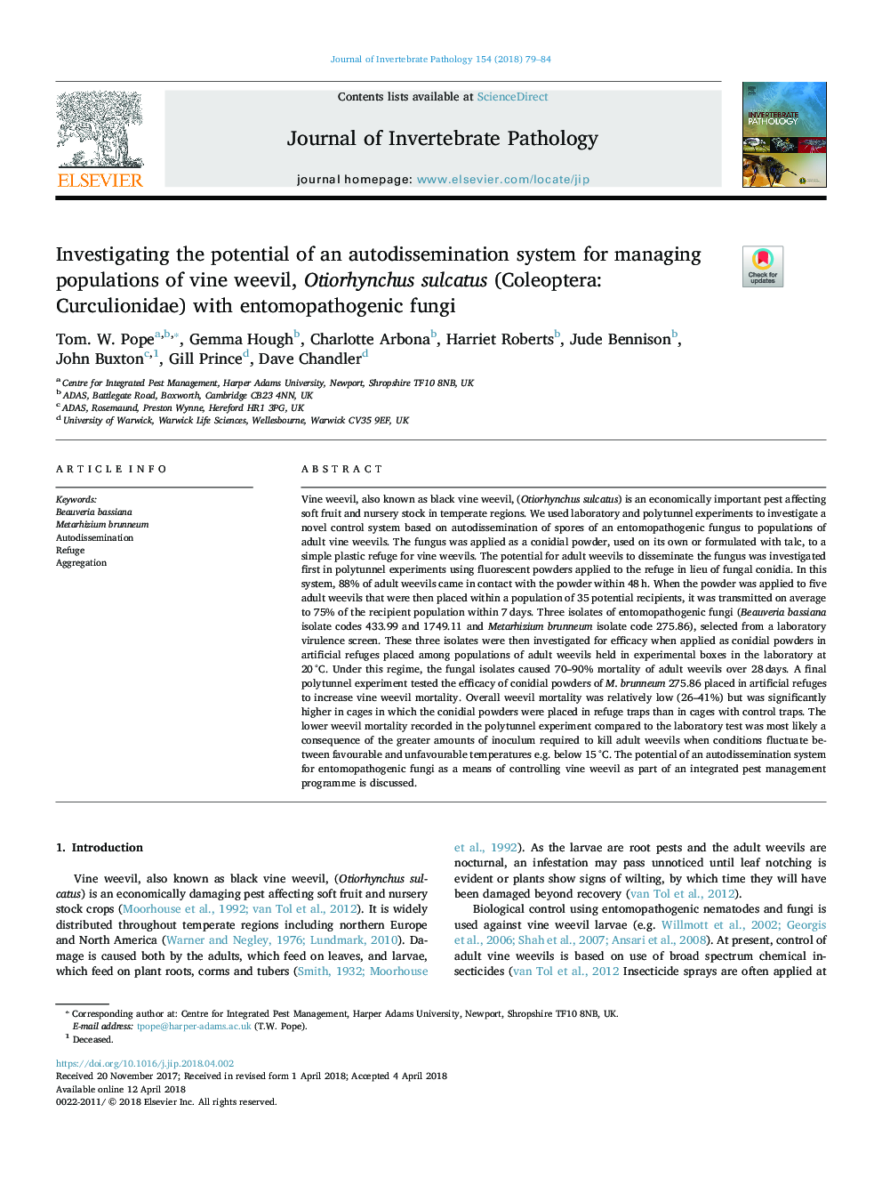 Investigating the potential of an autodissemination system for managing populations of vine weevil, Otiorhynchus sulcatus (Coleoptera: Curculionidae) with entomopathogenic fungi