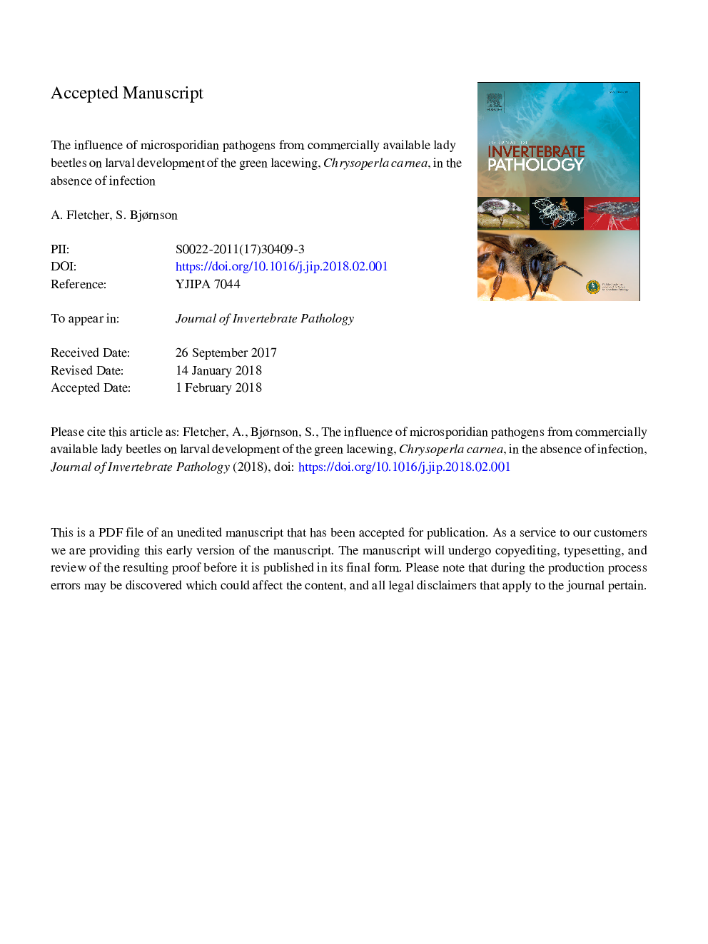 عکس صفحه اول مقاله: The influence of microsporidian pathogens from commercially available lady beetles on larval development of the green lacewing, Chrysoperla carnea, in the absence of infection The influence of microsporidian pathogens from commercially available lady beetles on larval development of the green lacewing, Chrysoperla carnea, in the absence of infection