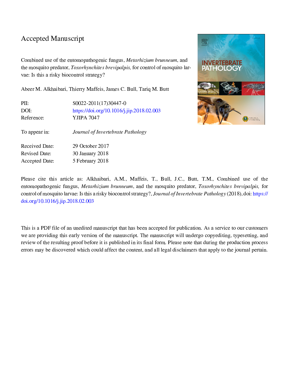 Combined use of the entomopathogenic fungus, Metarhizium brunneum, and the mosquito predator, Toxorhynchites brevipalpis, for control of mosquito larvae: Is this a risky biocontrol strategy?