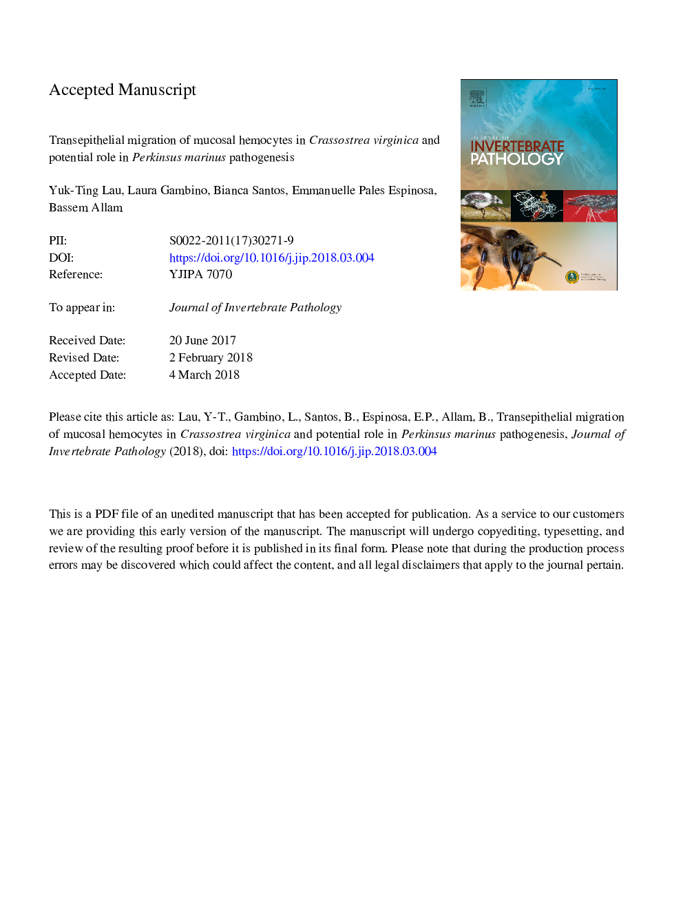 Transepithelial migration of mucosal hemocytes in Crassostrea virginica and potential role in Perkinsus marinus pathogenesis