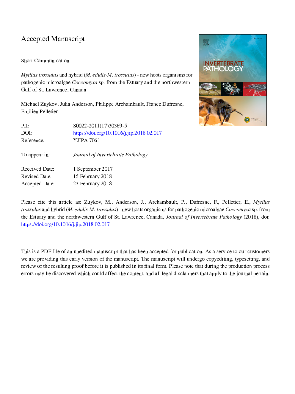 Mytilus trossulus and hybrid (M. edulis-M. trossulus) - New hosts organisms for pathogenic microalgae Coccomyxa sp. from the Estuary and northwestern Gulf of St. Lawrence, Canada