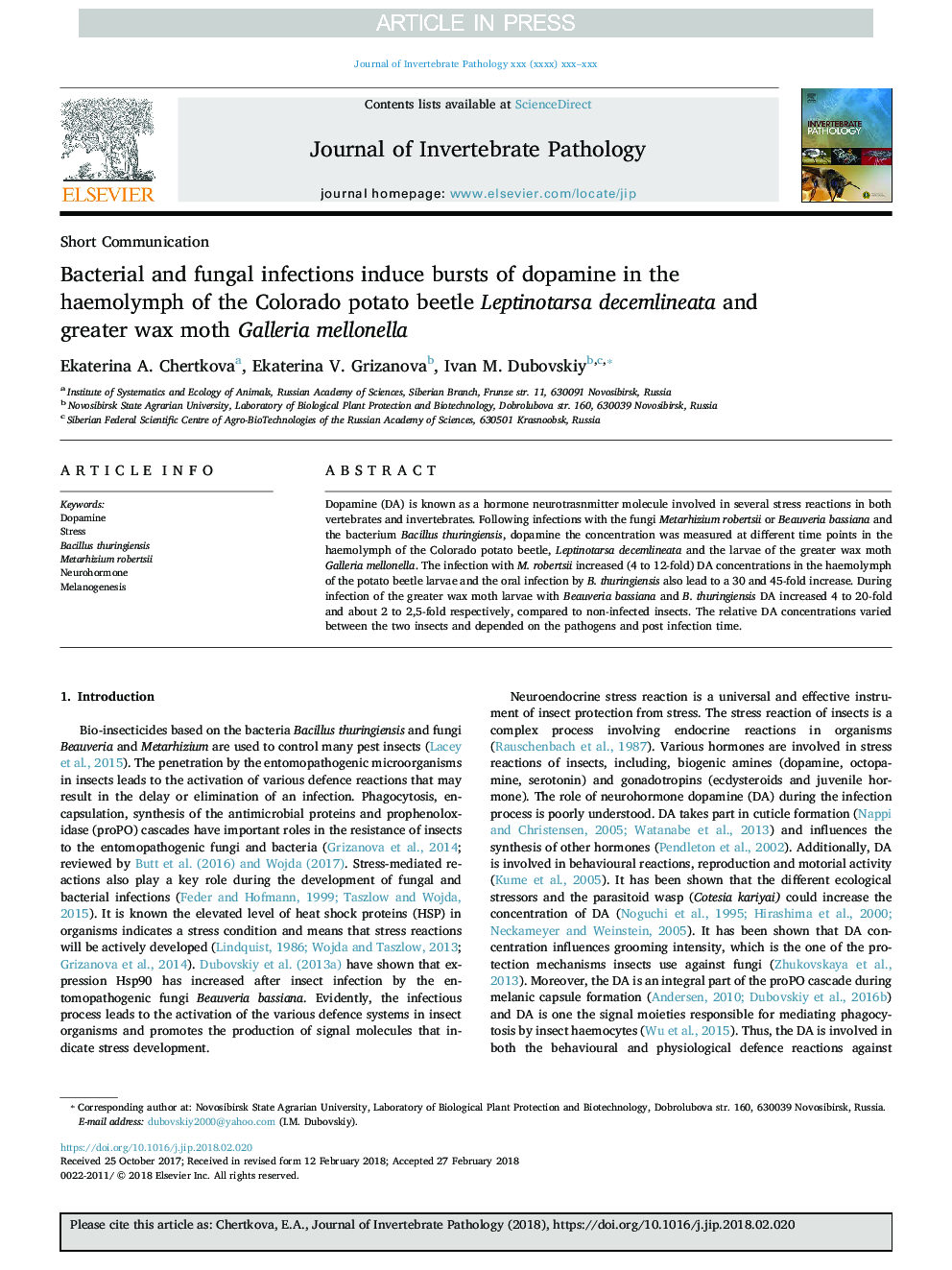 Bacterial and fungal infections induce bursts of dopamine in the haemolymph of the Colorado potato beetle Leptinotarsa decemlineata and greater wax moth Galleria mellonella