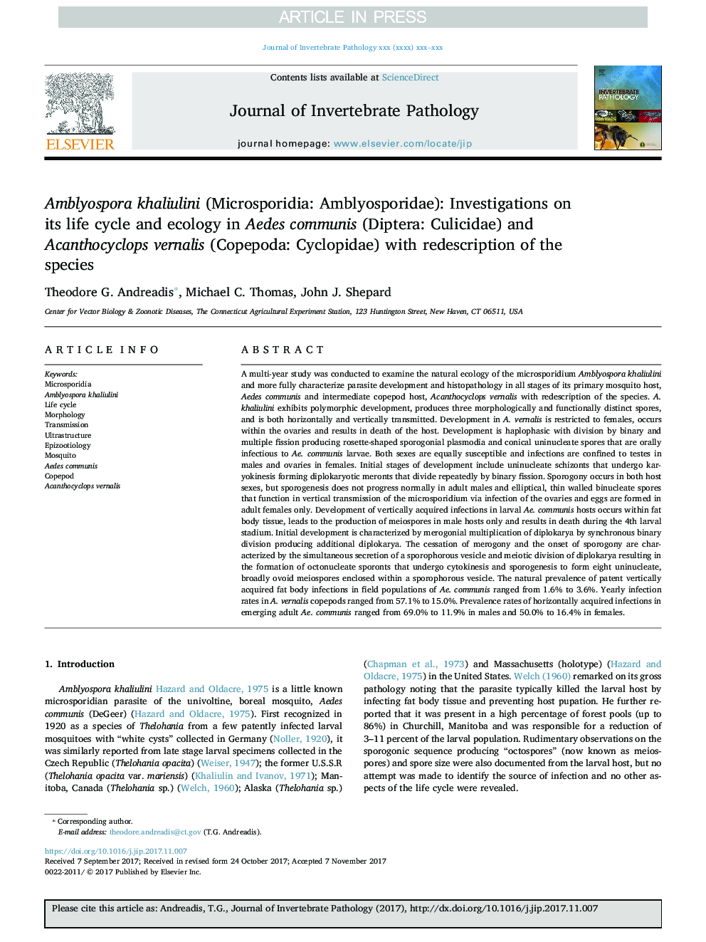 Amblyospora khaliulini (Microsporidia: Amblyosporidae): Investigations on its life cycle and ecology in Aedes communis (Diptera: Culicidae) and Acanthocyclops vernalis (Copepoda: Cyclopidae) with redescription of the species