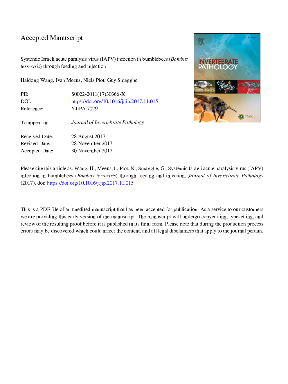 عکس صفحه اول مقاله: Systemic Israeli acute paralysis virus (IAPV) infection in bumblebees (Bombus terrestris) through feeding and injection Systemic Israeli acute paralysis virus (IAPV) infection in bumblebees (Bombus terrestris) through feeding and injection