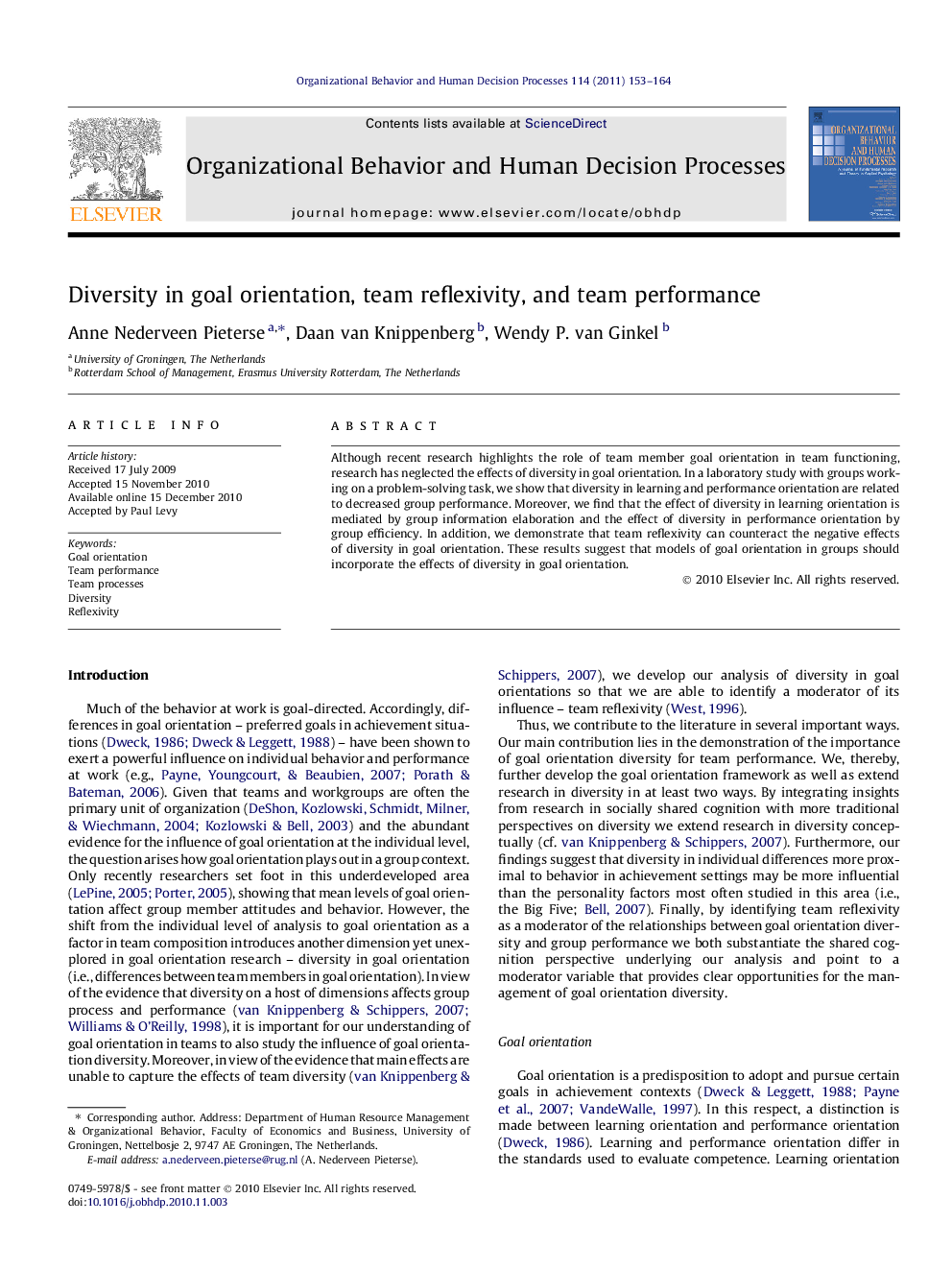 Diversity in goal orientation, team reflexivity, and team performance