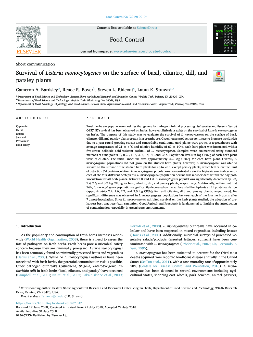 Survival of Listeria monocytogenes on the surface of basil, cilantro, dill, and parsley plants