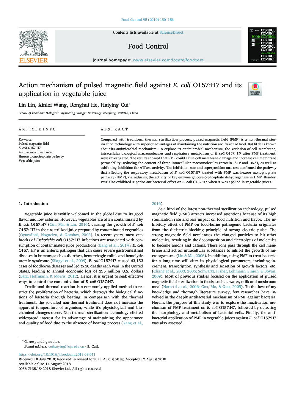 Action mechanism of pulsed magnetic field against E. coli O157:H7 and its application in vegetable juice