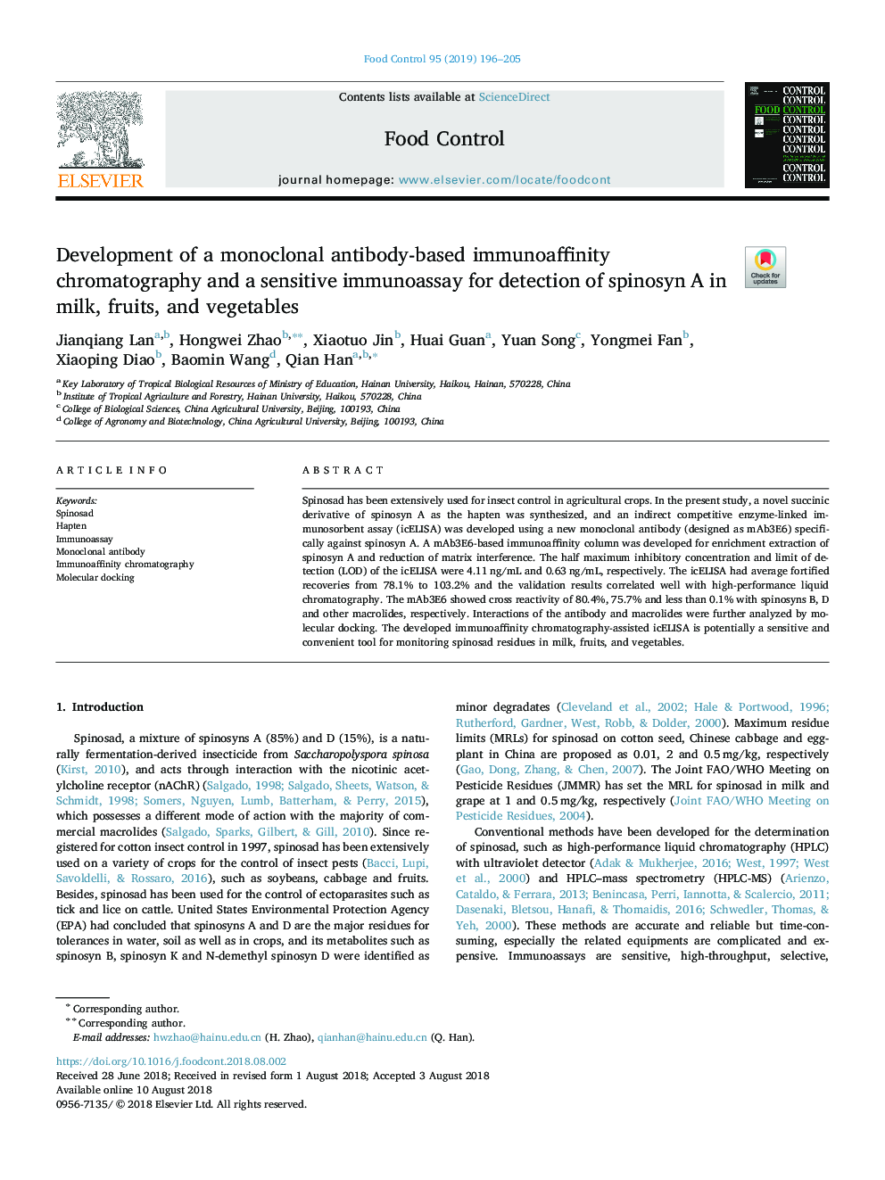 Development of a monoclonal antibody-based immunoaffinity chromatography and a sensitive immunoassay for detection of spinosyn A in milk, fruits, and vegetables