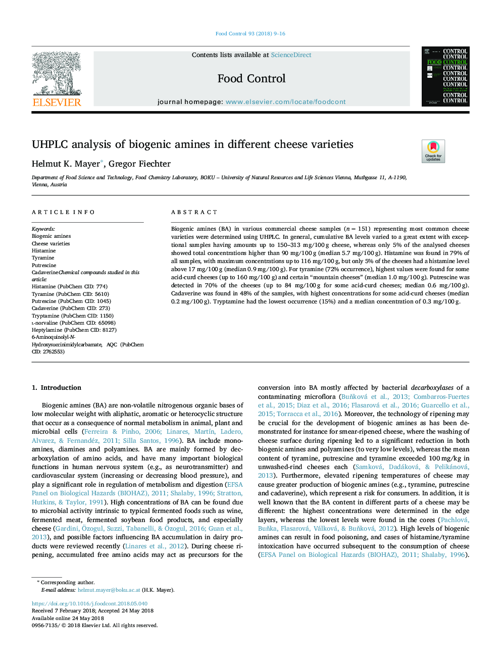 UHPLC analysis of biogenic amines in different cheese varieties