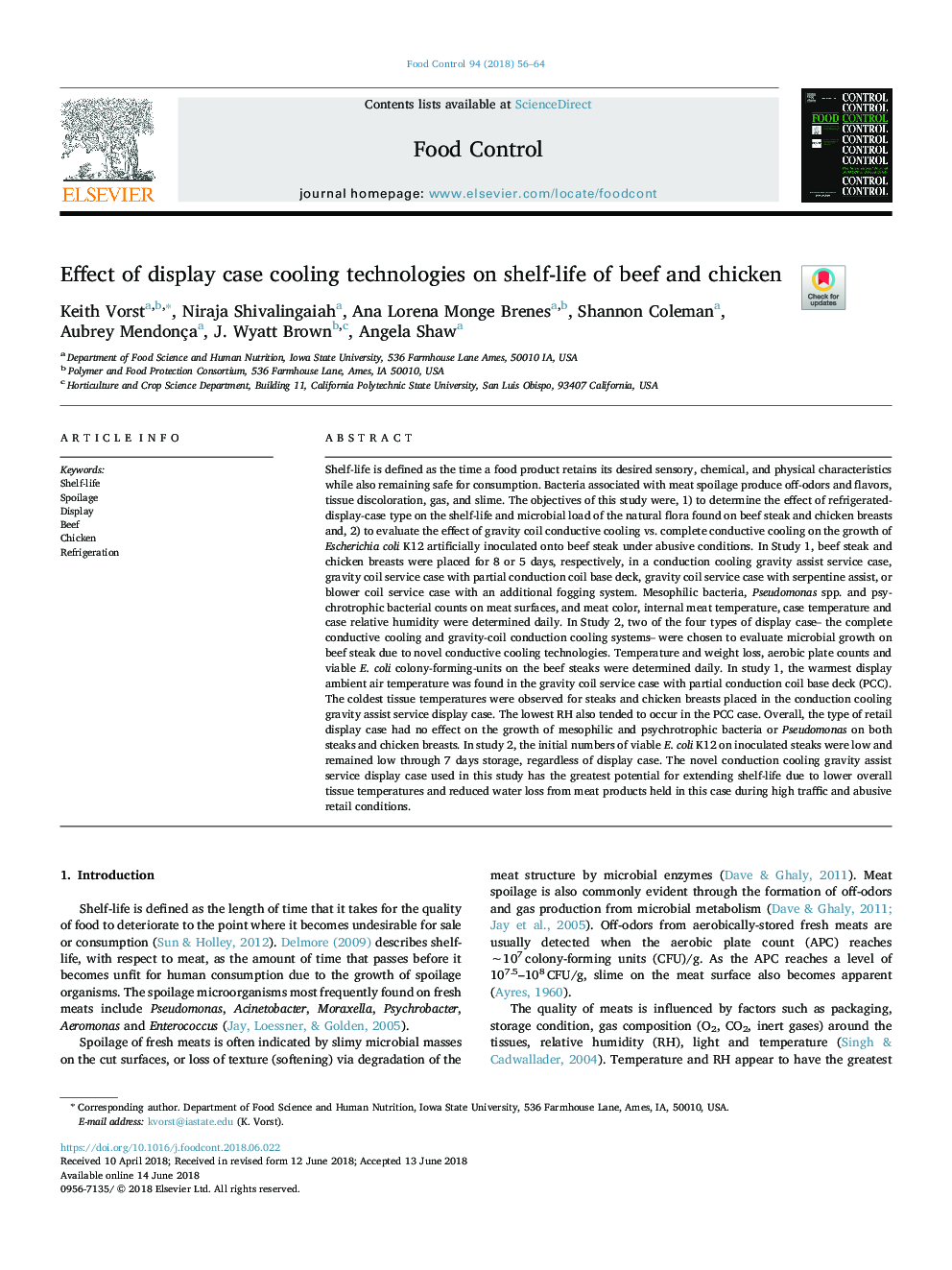 Effect of display case cooling technologies on shelf-life of beef and chicken