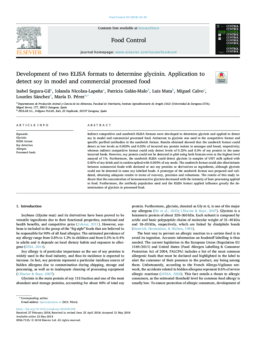 Development of two ELISA formats to determine glycinin. Application to detect soy in model and commercial processed food