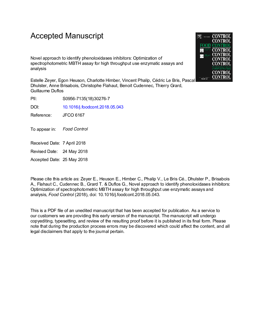 Novel approach to identify phenoloxidases inhibitors: Optimization of spectrophotometric MBTH assay for high throughput use enzymatic assays and analysis