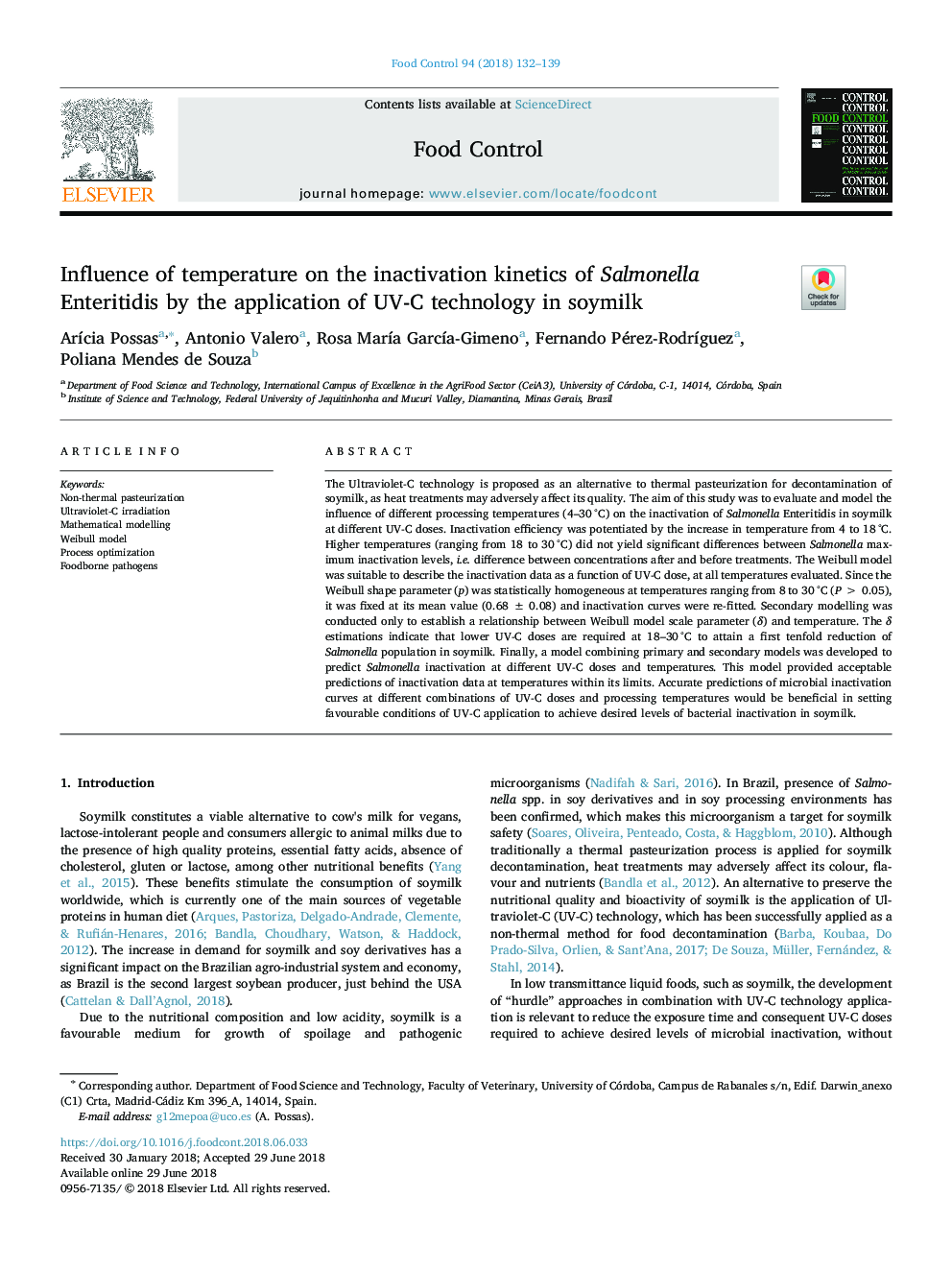 Influence of temperature on the inactivation kinetics of Salmonella Enteritidis by the application of UV-C technology in soymilk