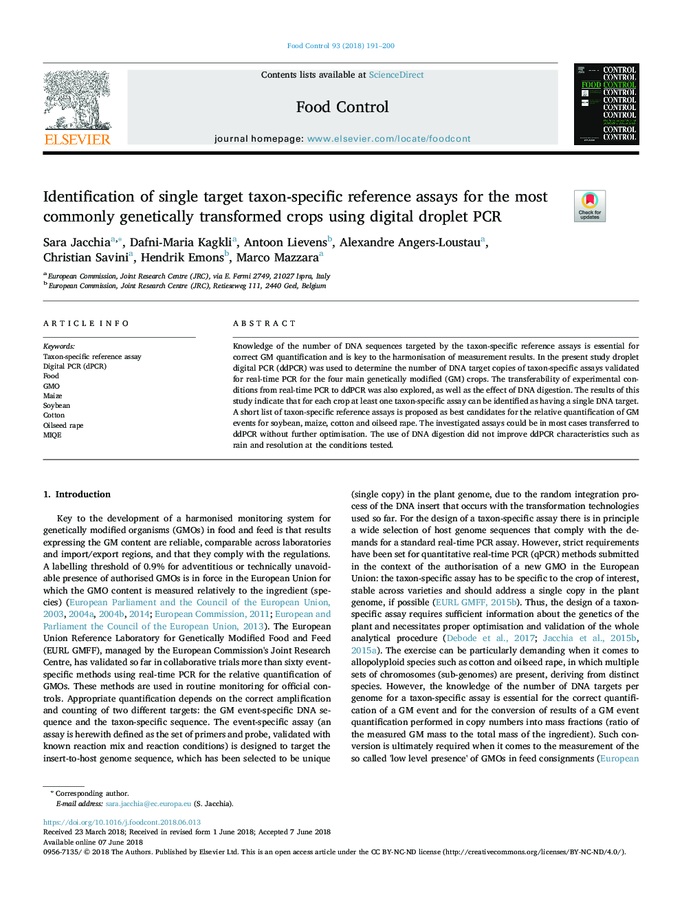 Identification of single target taxon-specific reference assays for the most commonly genetically transformed crops using digital droplet PCR