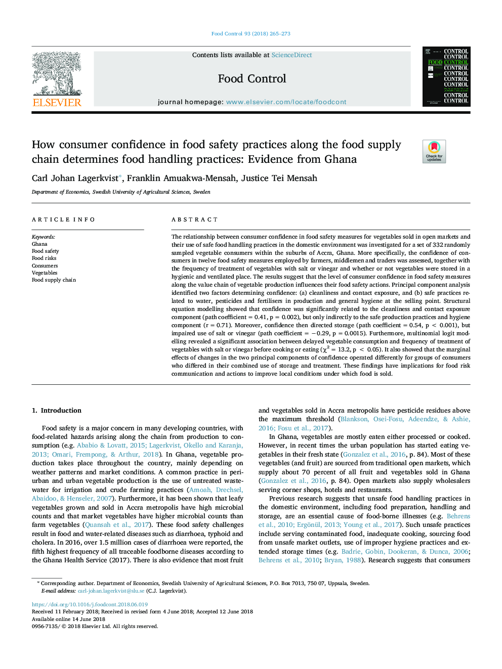 How consumer confidence in food safety practices along the food supply chain determines food handling practices: Evidence from Ghana