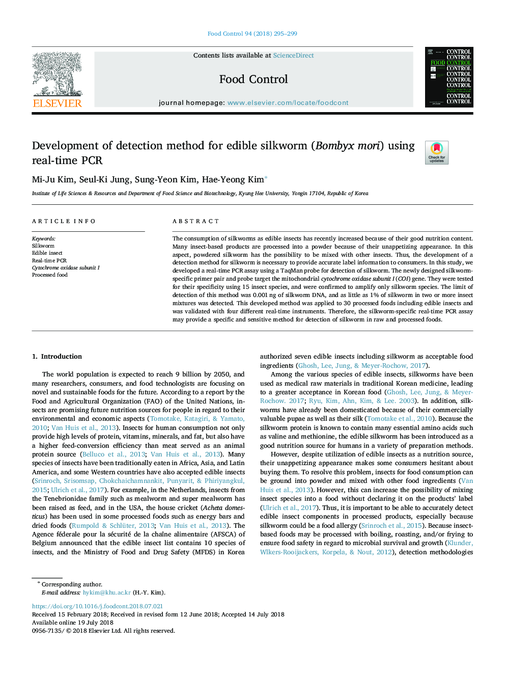 Development of detection method for edible silkworm (Bombyx mori) using real-time PCR