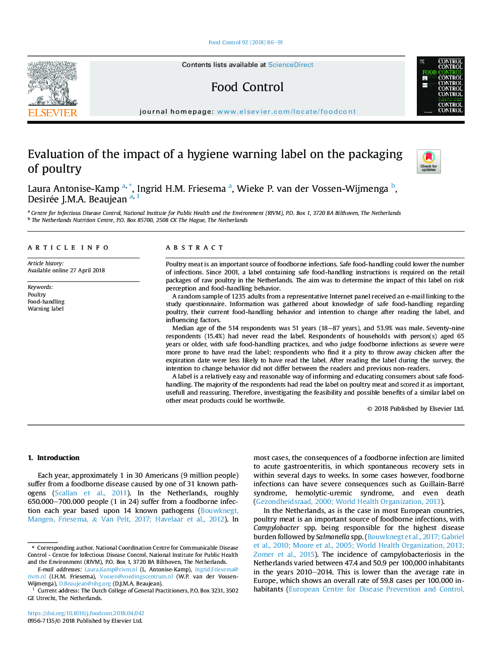 Evaluation of the impact of a hygiene warning label on the packaging of poultry