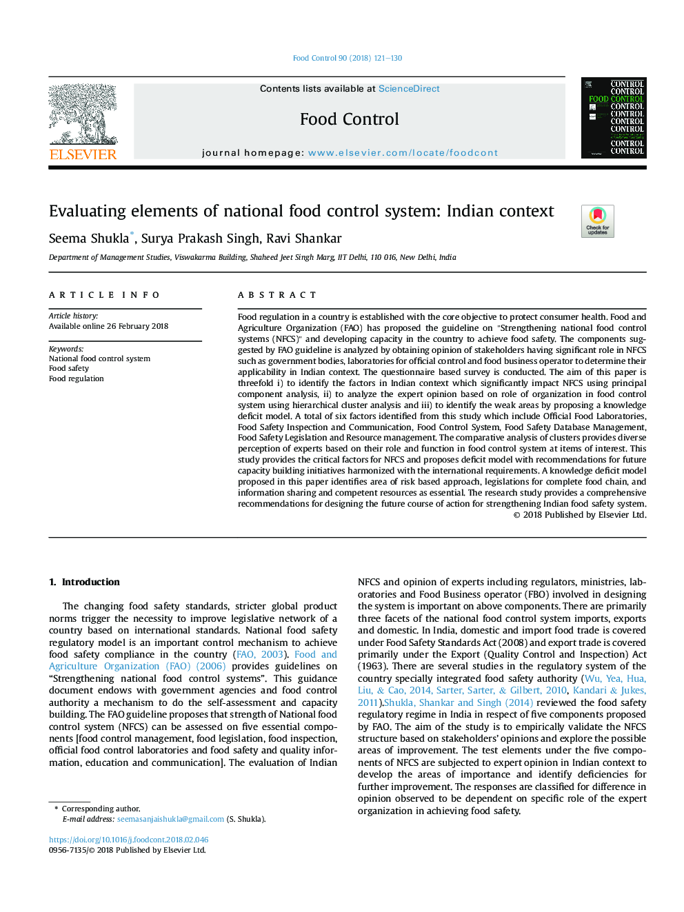 Evaluating elements of national food control system: Indian context