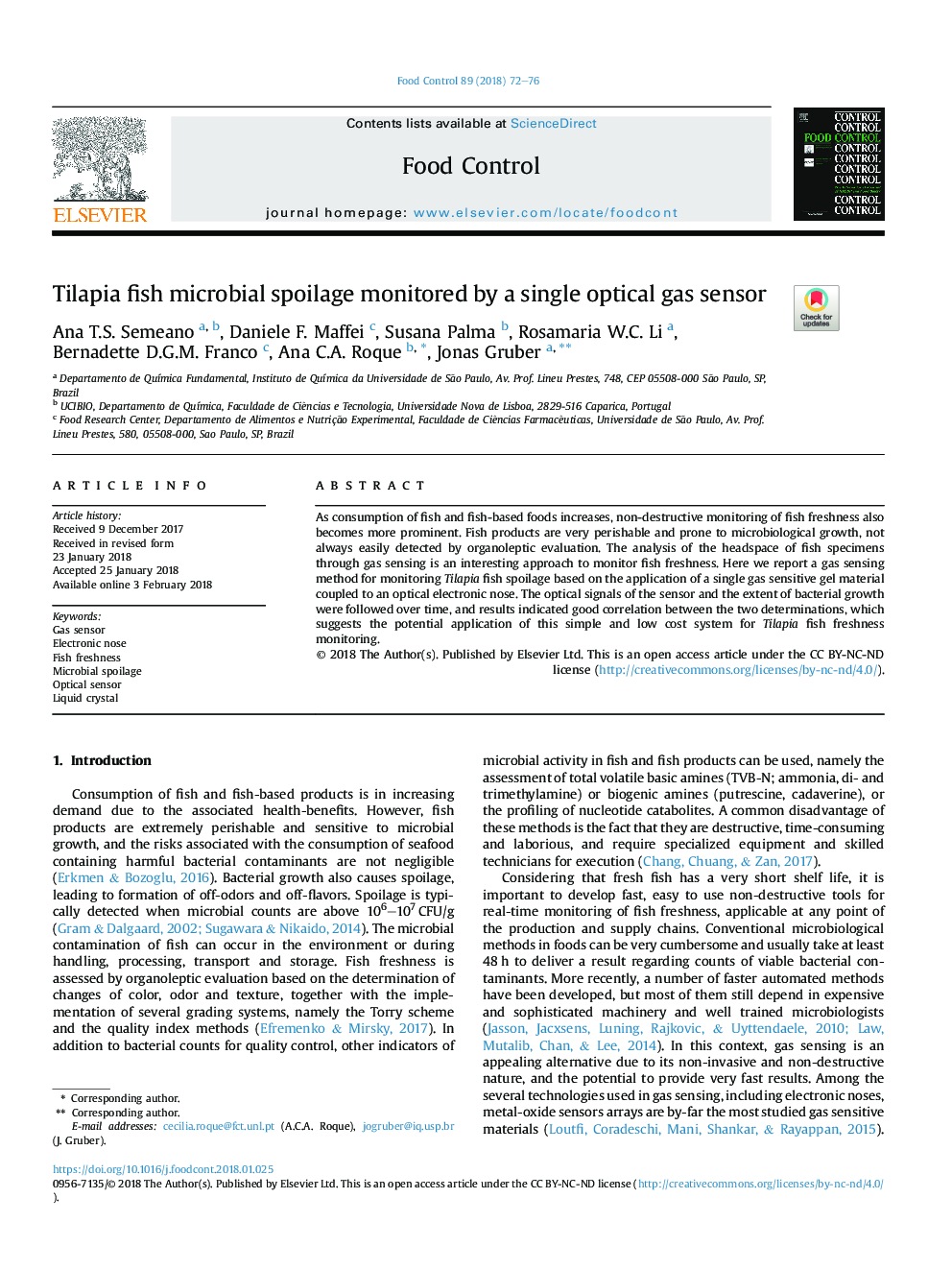 عکس صفحه اول مقاله: Tilapia fish microbial spoilage monitored by a single optical gas sensor Tilapia fish microbial spoilage monitored by a single optical gas sensor