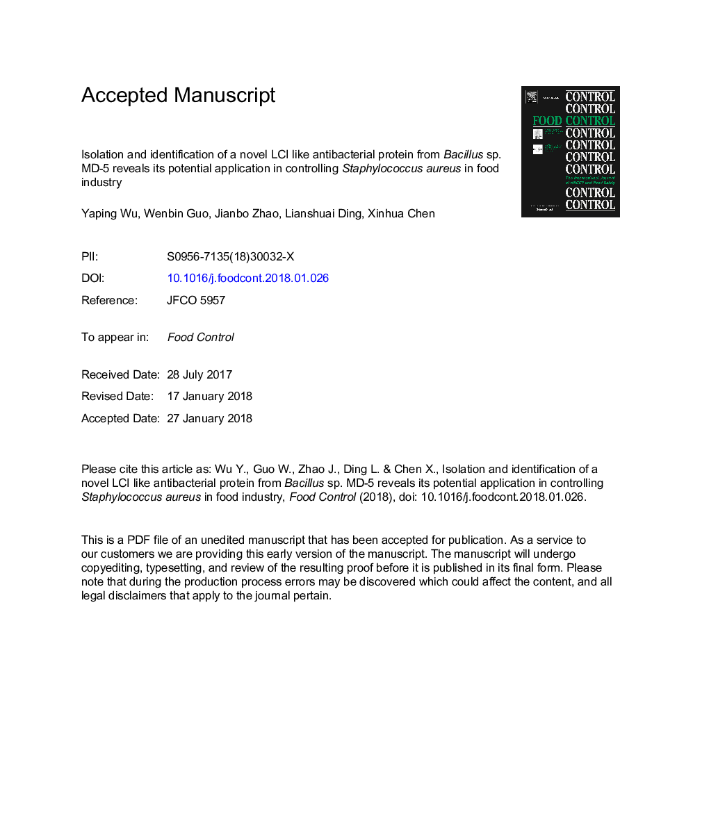 Isolation and identification of a novel LCI like antibacterial protein from Bacillus sp. MD-5 reveals its potential application in controlling Staphylococcus aureus in food industry