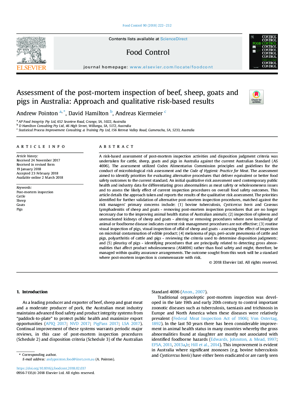 Assessment of the post-mortem inspection of beef, sheep, goats and pigs in Australia: Approach and qualitative risk-based results