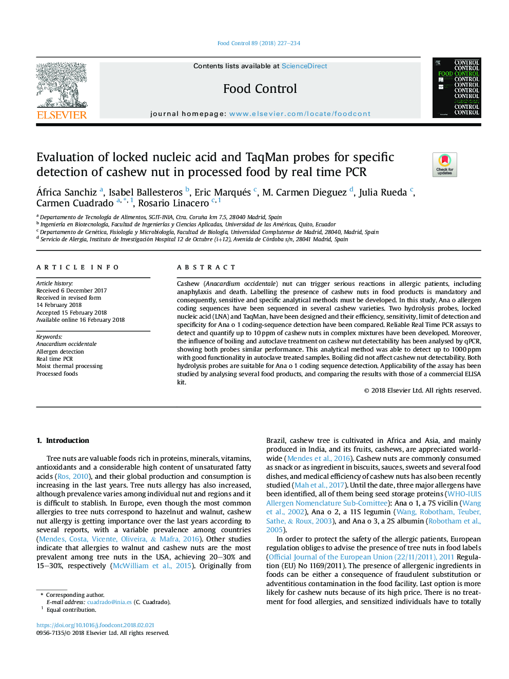 Evaluation of locked nucleic acid and TaqMan probes for specific detection of cashew nut in processed food by real time PCR