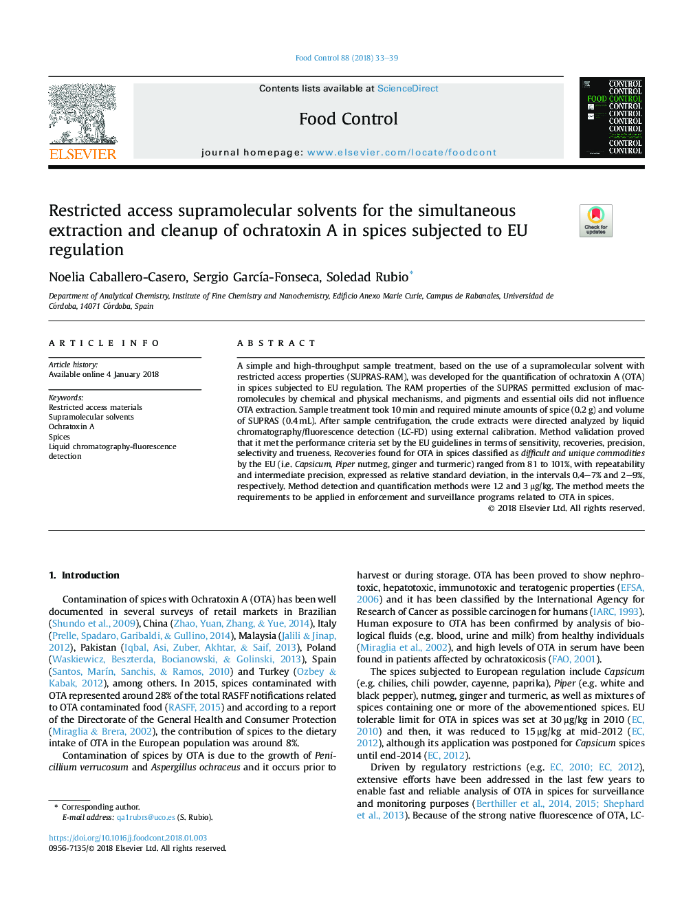 Restricted access supramolecular solvents for the simultaneous extraction and cleanup of ochratoxin A in spices subjected to EU regulation
