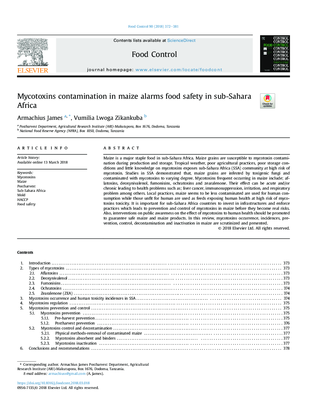 Mycotoxins contamination in maize alarms food safety in sub-Sahara Africa