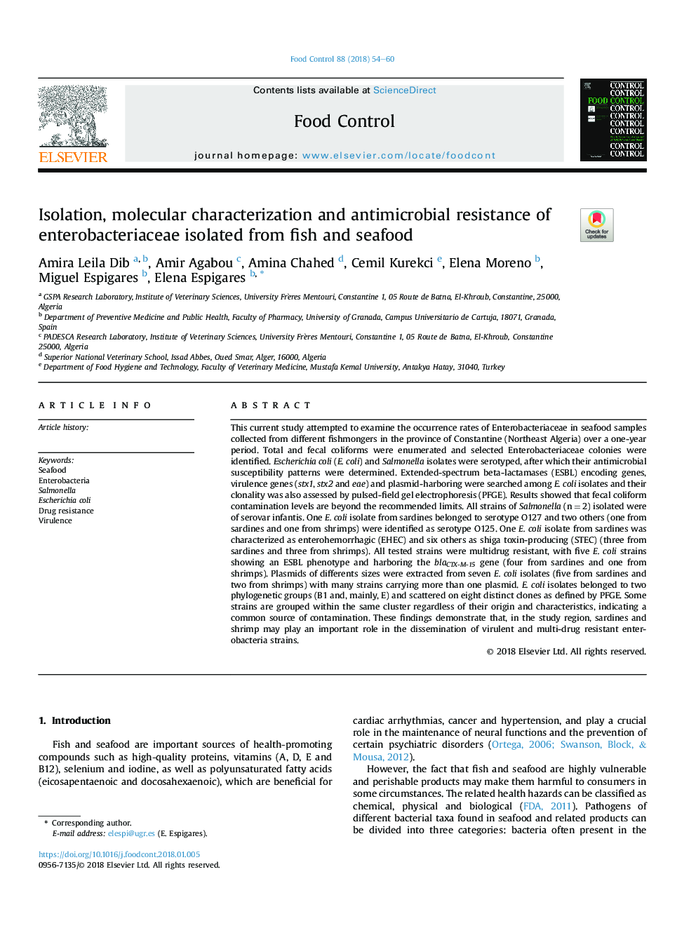 Isolation, molecular characterization and antimicrobial resistance of enterobacteriaceae isolated from fish and seafood