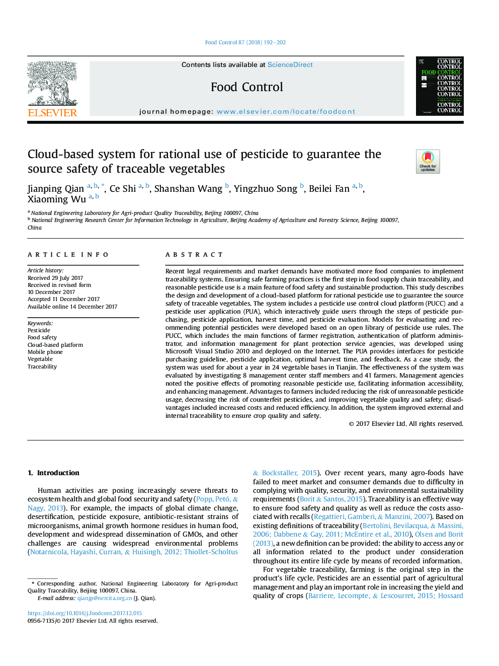 Cloud-based system for rational use of pesticide to guarantee the source safety of traceable vegetables