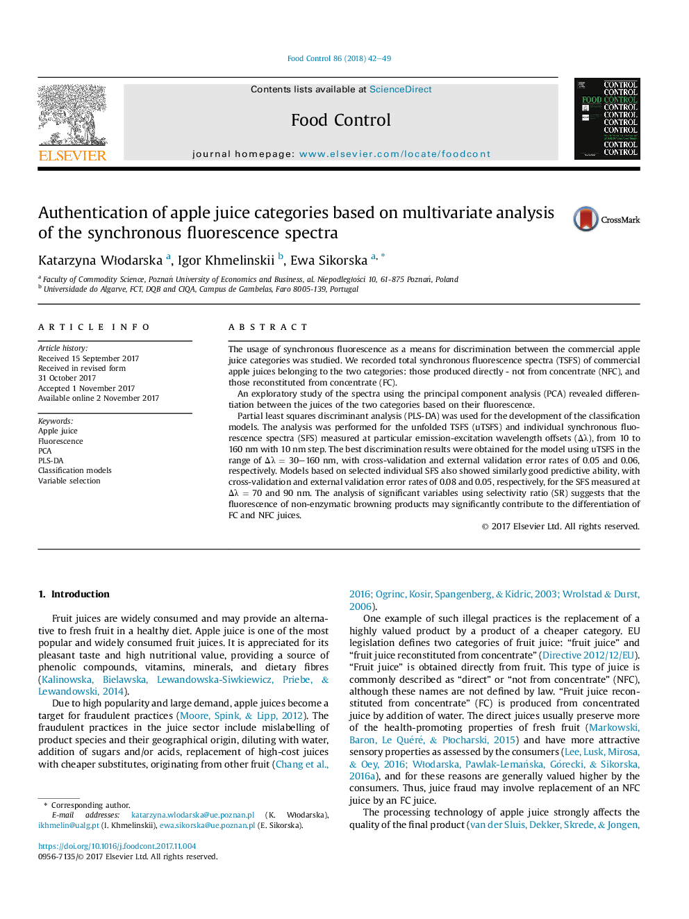 Authentication of apple juice categories based on multivariate analysis of the synchronous fluorescence spectra