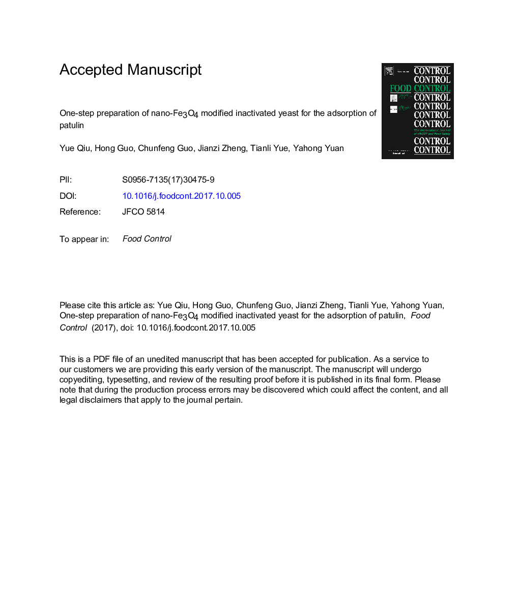 One-step preparation of nano-Fe3O4 modified inactivated yeast for the adsorption of patulin