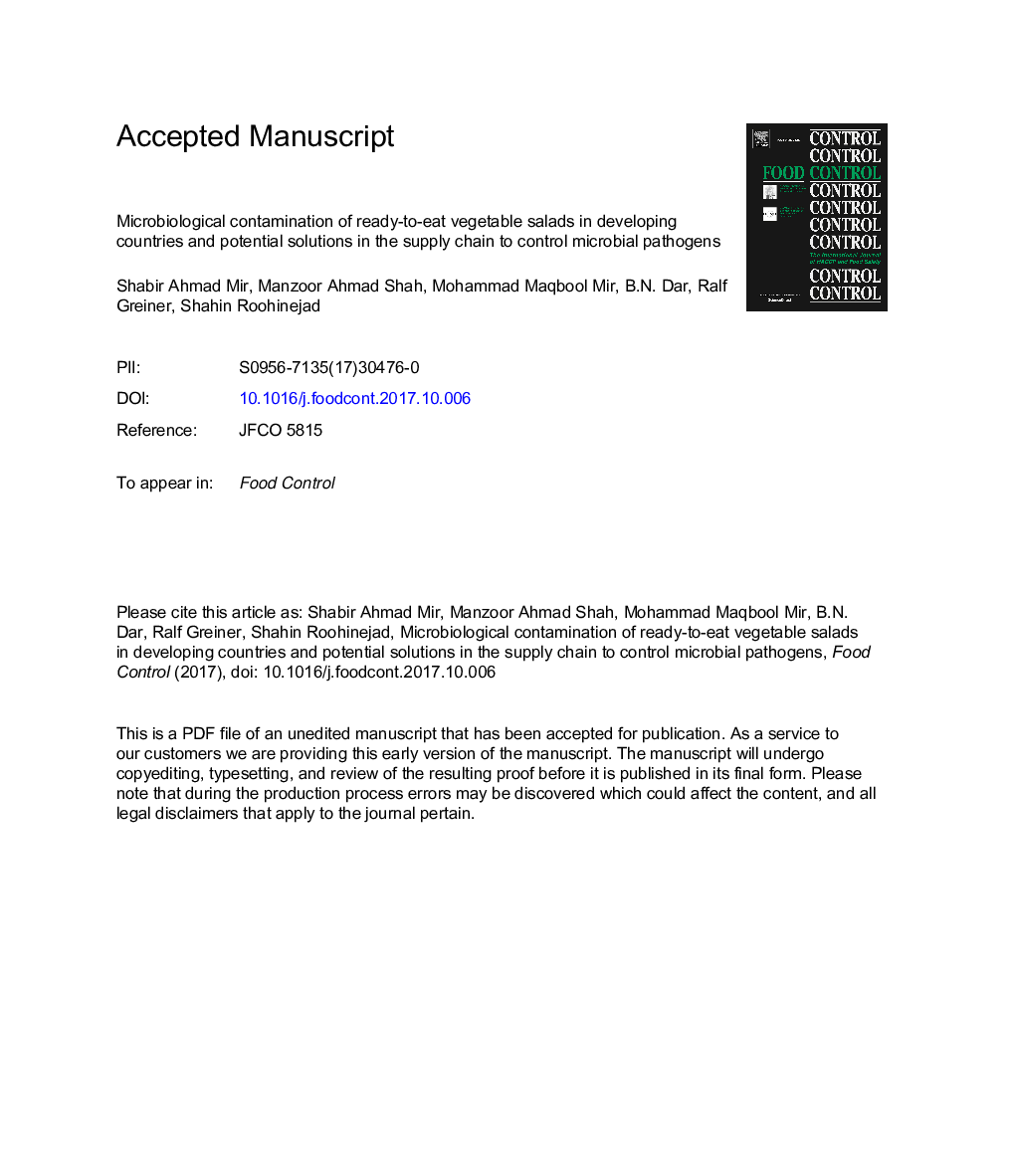 آلودگی میکروبیولوژیکی سالاد سبزیجات آماده به غذا در کشورهای در حال توسعه و راه حل های بالقوه در زنجیره تامین برای کنترل بیماری های 