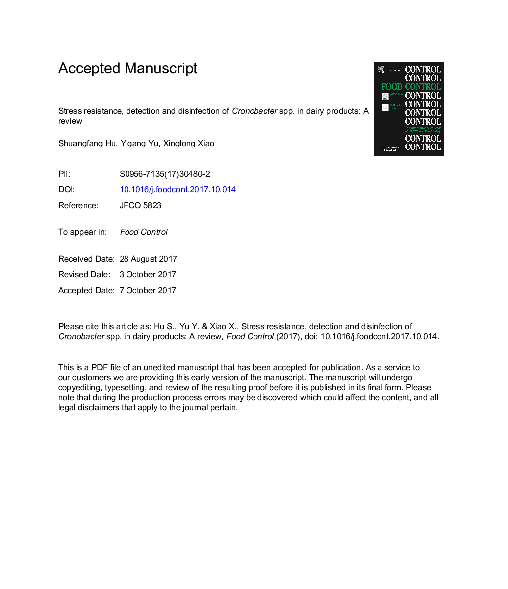 Stress resistance, detection and disinfection of Cronobacter spp. in dairy products: A review