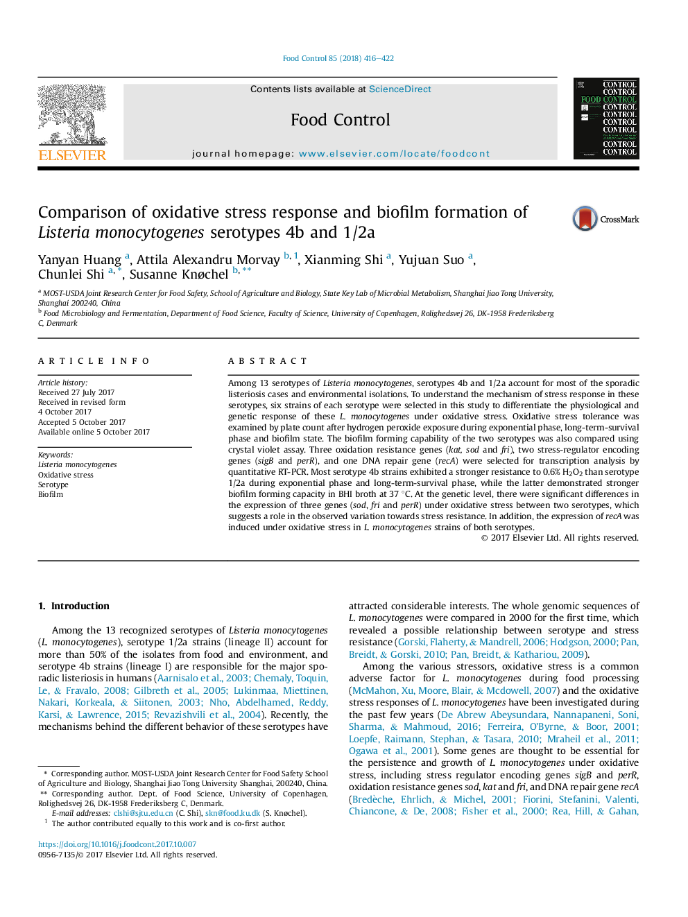 Comparison of oxidative stress response and biofilm formation of Listeria monocytogenes serotypes 4b and 1/2a