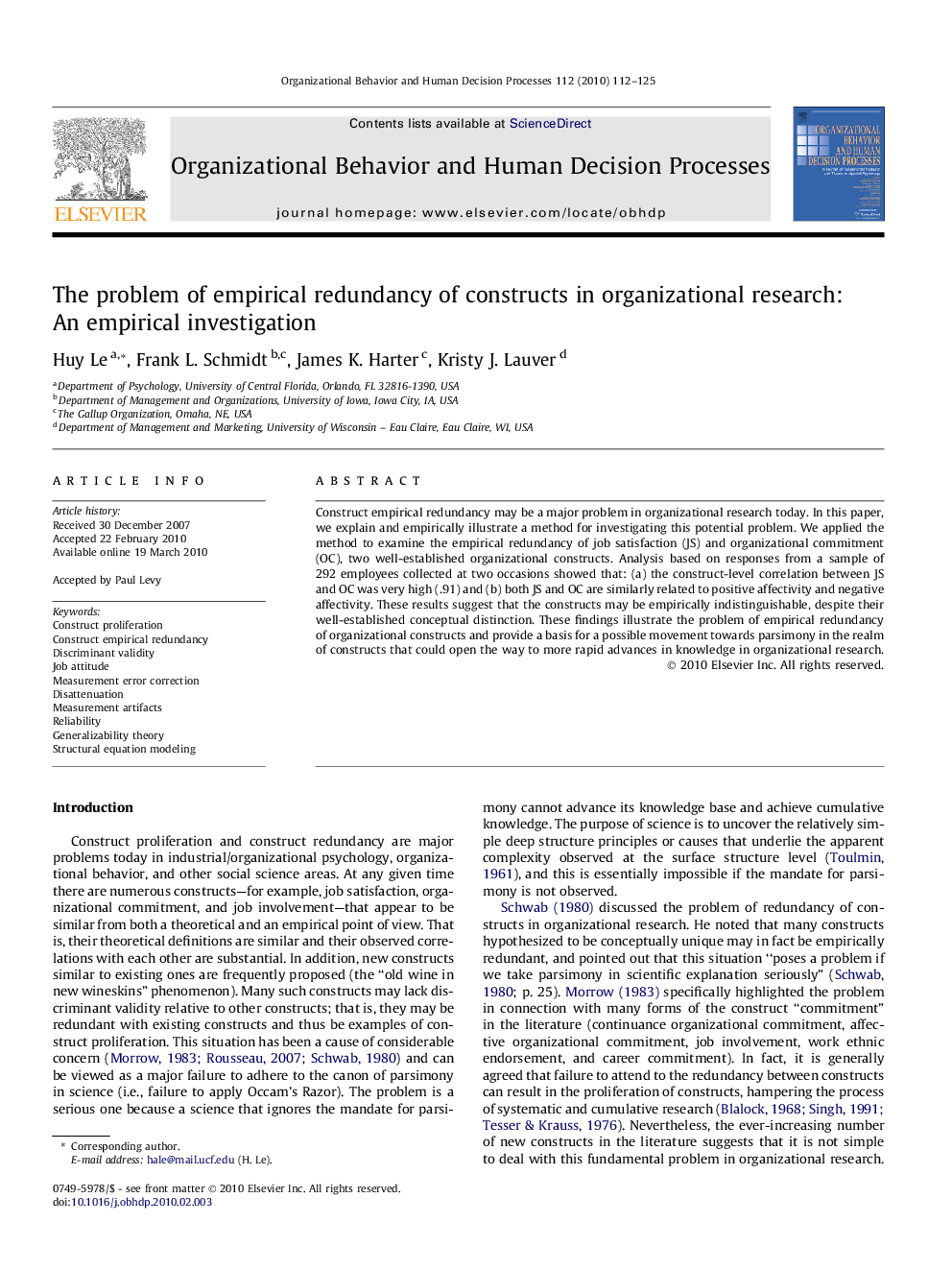 The problem of empirical redundancy of constructs in organizational research: An empirical investigation