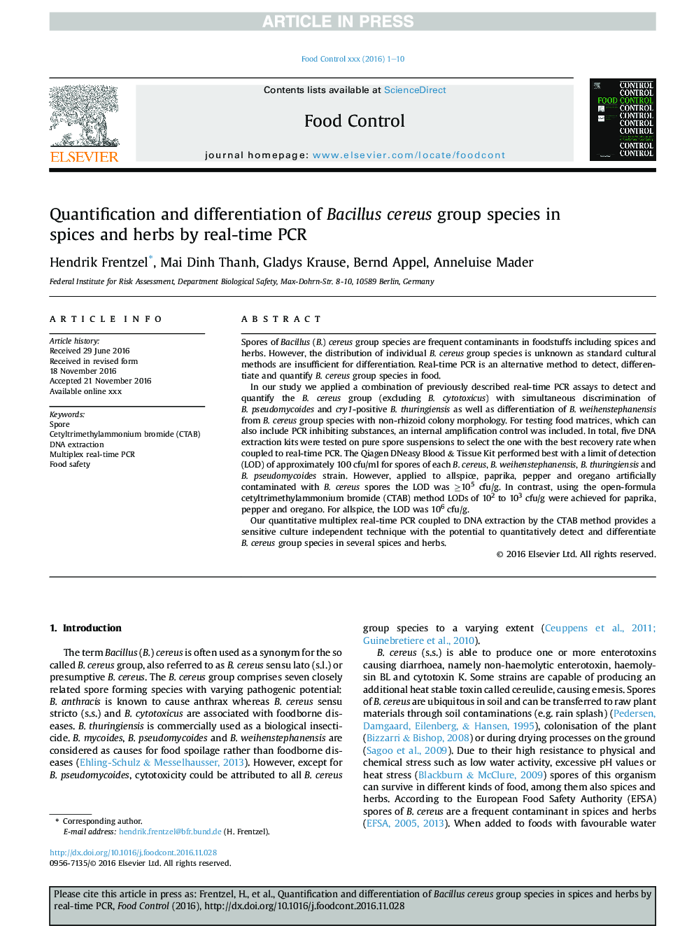 Quantification and differentiation of Bacillus cereus group species in spices and herbs by real-time PCR