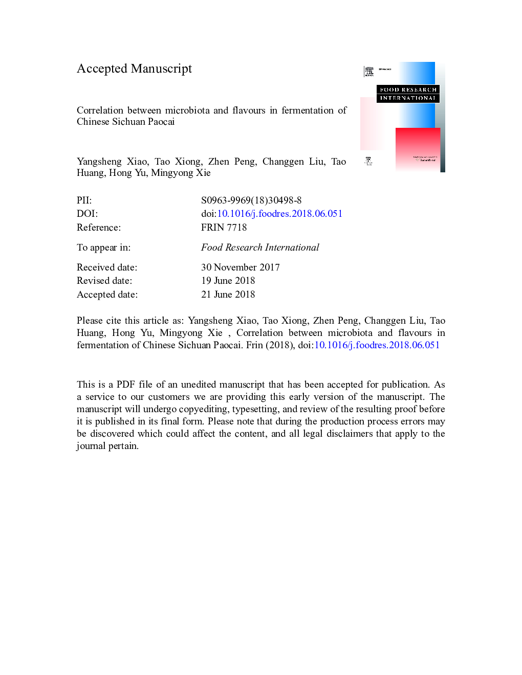 Correlation between microbiota and flavours in fermentation of Chinese Sichuan Paocai