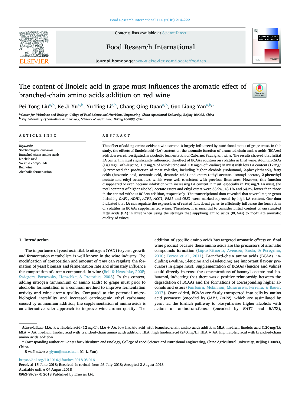 The content of linoleic acid in grape must influences the aromatic effect of branched-chain amino acids addition on red wine