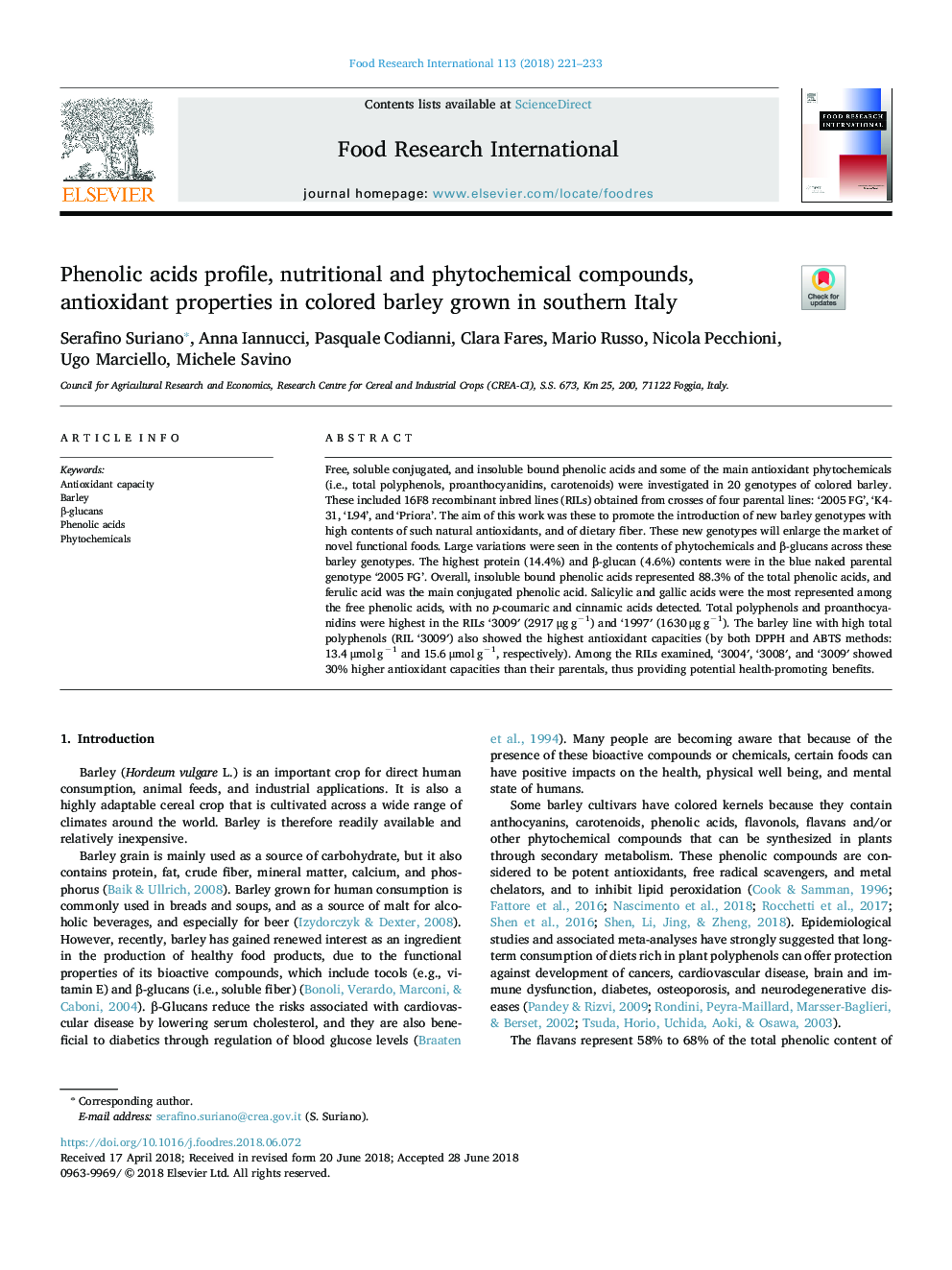 Phenolic acids profile, nutritional and phytochemical compounds, antioxidant properties in colored barley grown in southern Italy