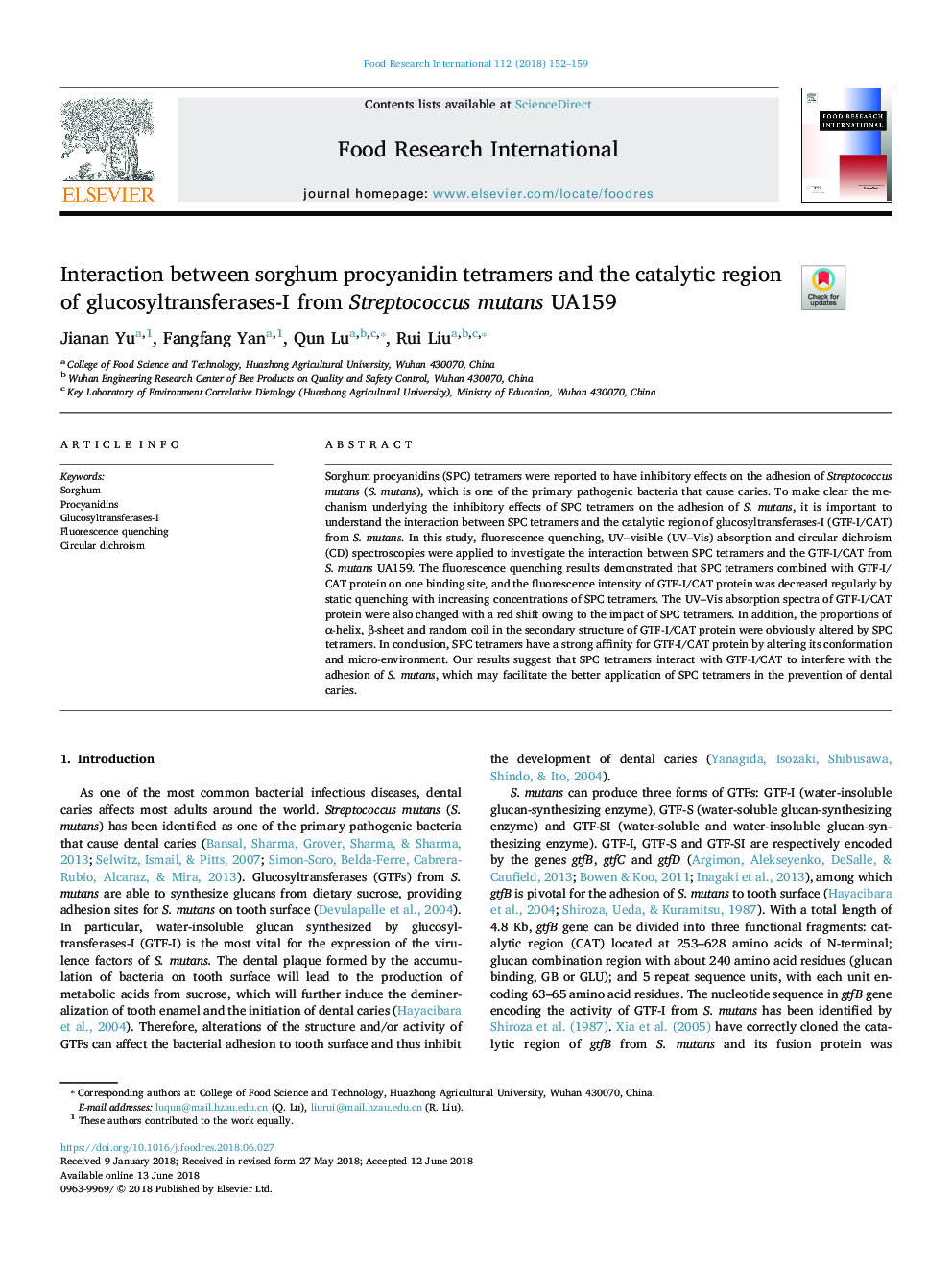 Interaction between sorghum procyanidin tetramers and the catalytic region of glucosyltransferases-I from Streptococcus mutans UA159