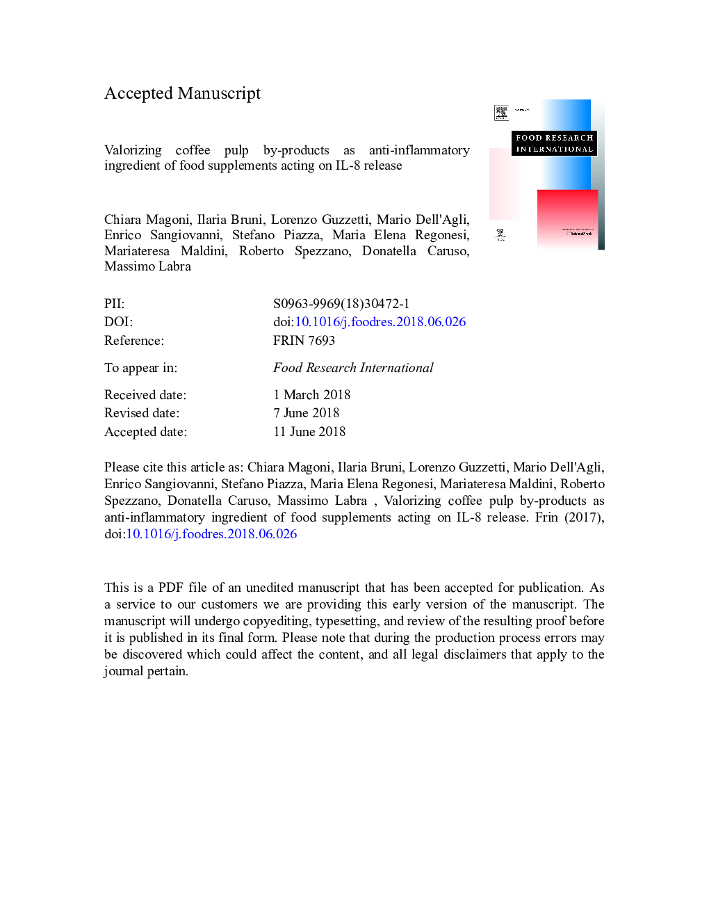 Valorizing coffee pulp by-products as anti-inflammatory ingredient of food supplements acting on IL-8 release