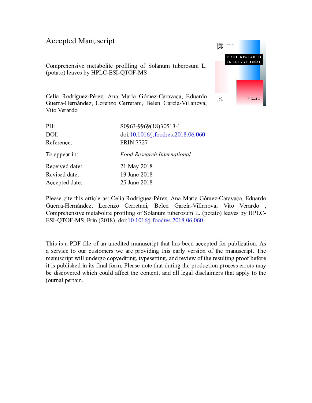 Comprehensive metabolite profiling of Solanum tuberosum L. (potato) leaves by HPLC-ESI-QTOF-MS