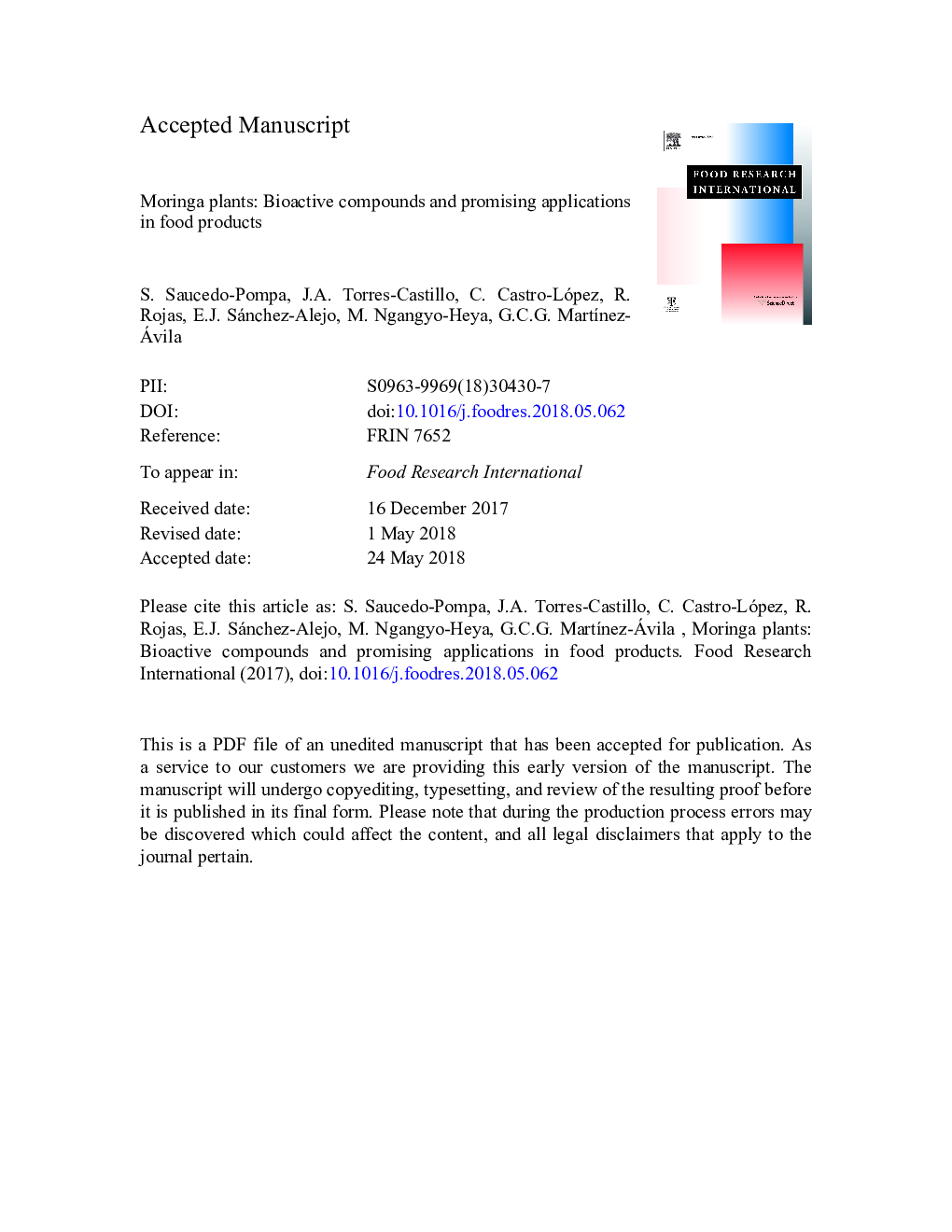 Moringa plants: Bioactive compounds and promising applications in food products